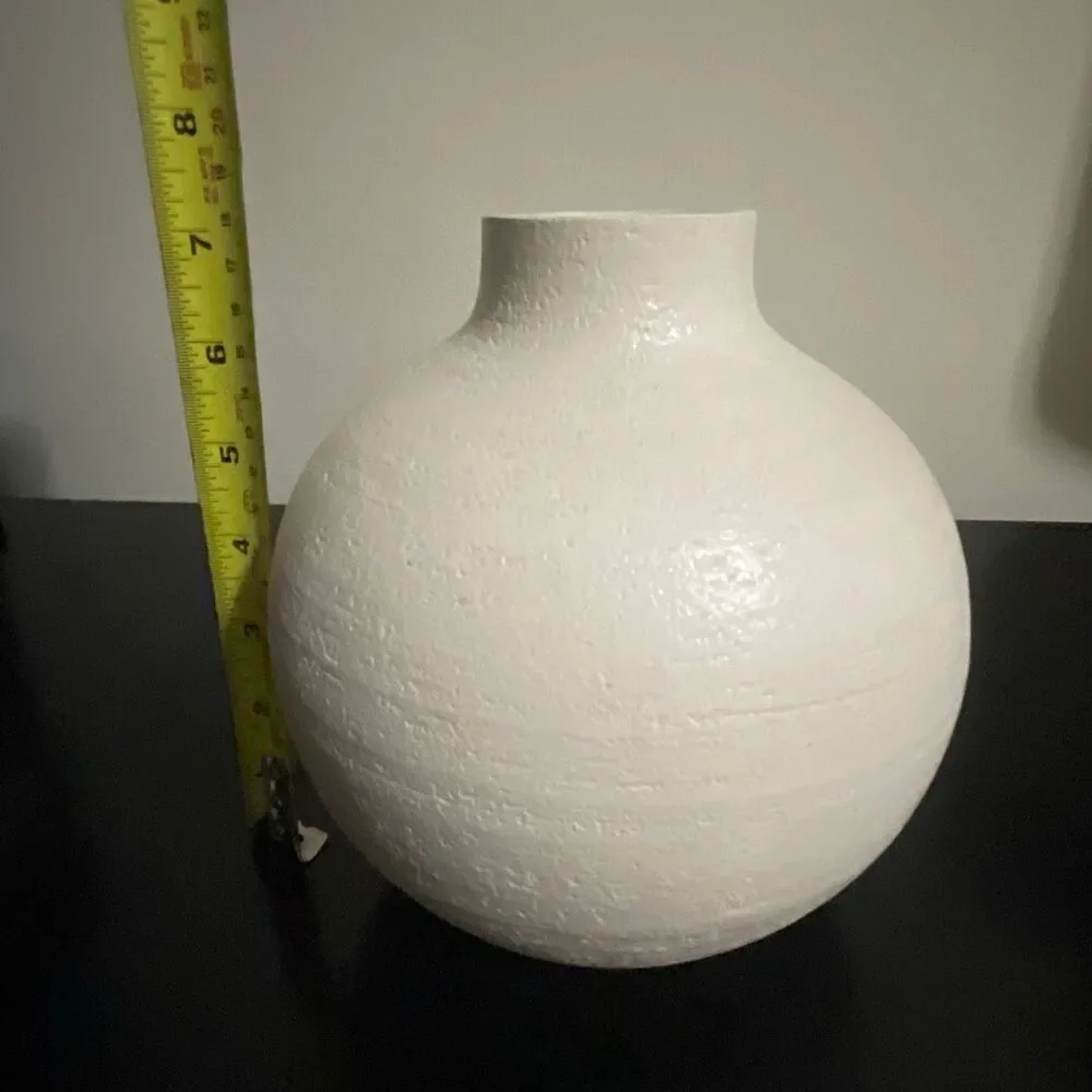 Round heavy handcrafted watertight off white beige earth-ware vase home decor